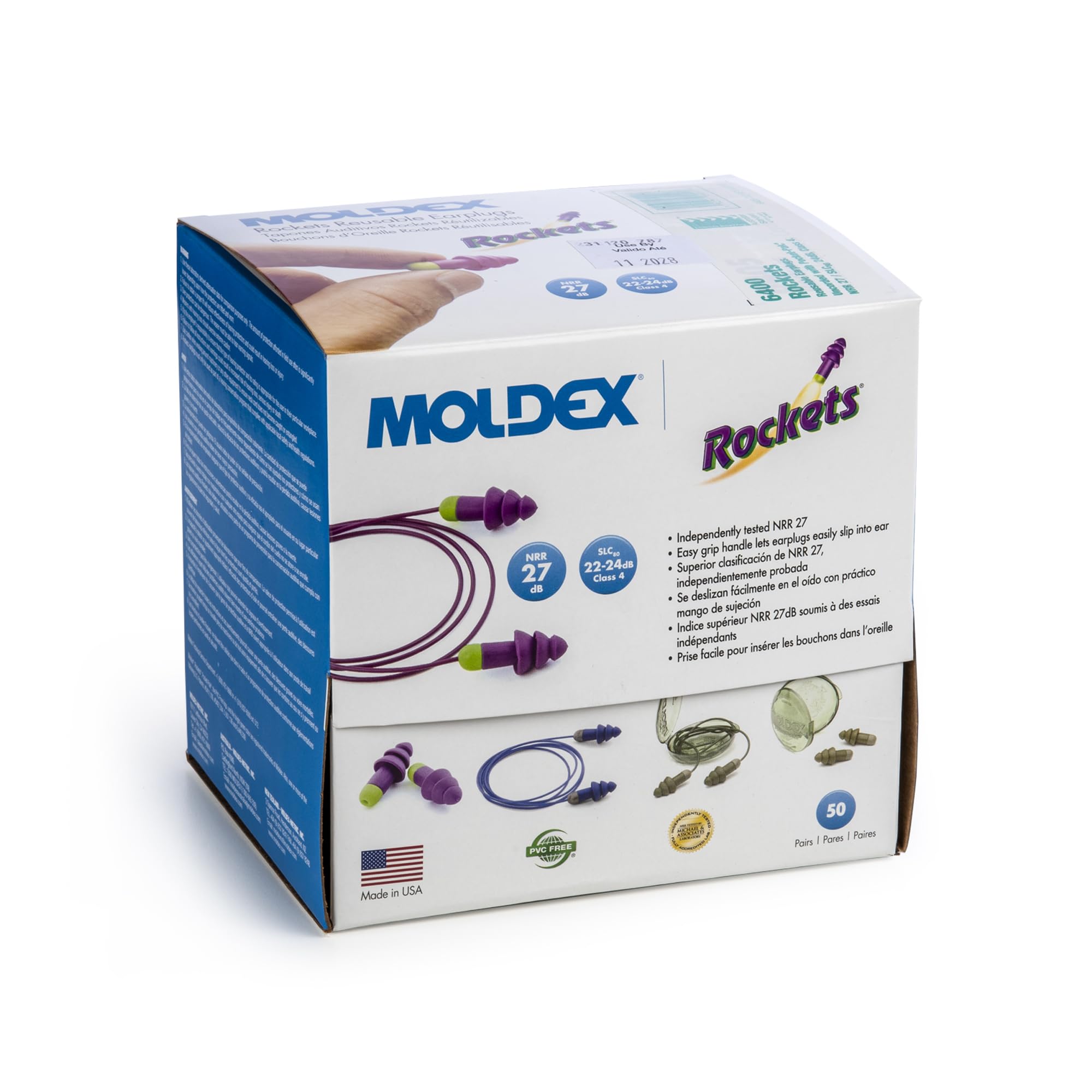 Moldex Rockets Bouchons d'oreille filaires réutilisables avec Pocket-Pak 6405, NRR 27dB