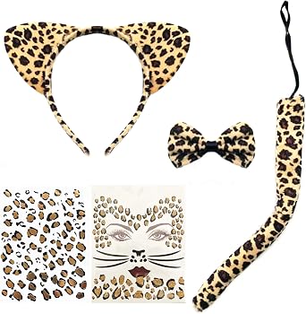 CBLUO 5 Pcs Halloween Leopard Cat Ears Headband Bow Tie Tail Temporary Face Stickers Tattoos Cat Hair Hoops Bands Women Bowtie Headpiece Hairband Cosplay Dress Up Masquerade Birthday Party Supplies