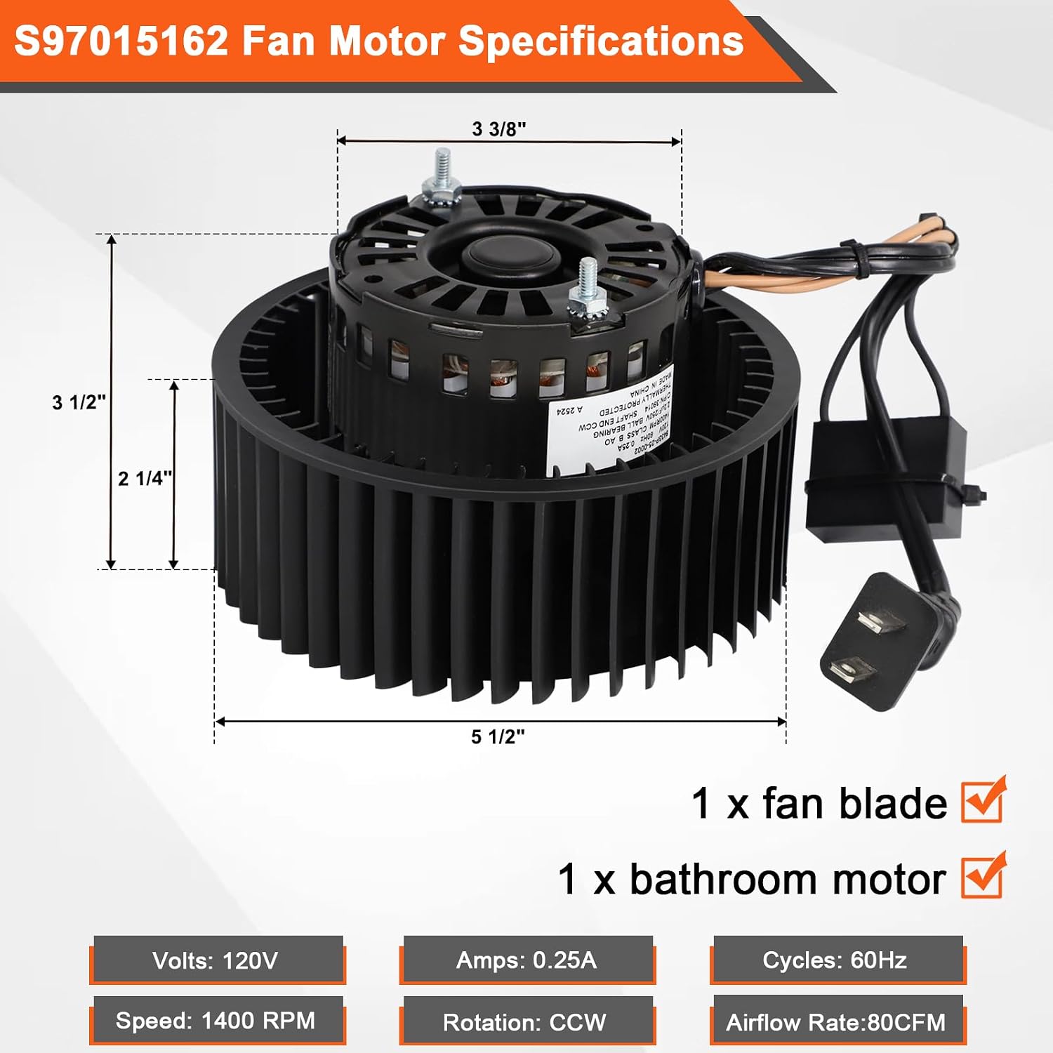 Hiorucet S97015162 Exhaust Fan Motor for Broan Nutone 676-D, 763N, 679L, 678-G, 684-D, 2684F-A, 2678F-A, 684NT-A, 683-C, 679-E, 763, N678-G, HD80NT, 754SNNT-B, 741SNNT, 679FL-C, FL2679F-A, HD80L-D