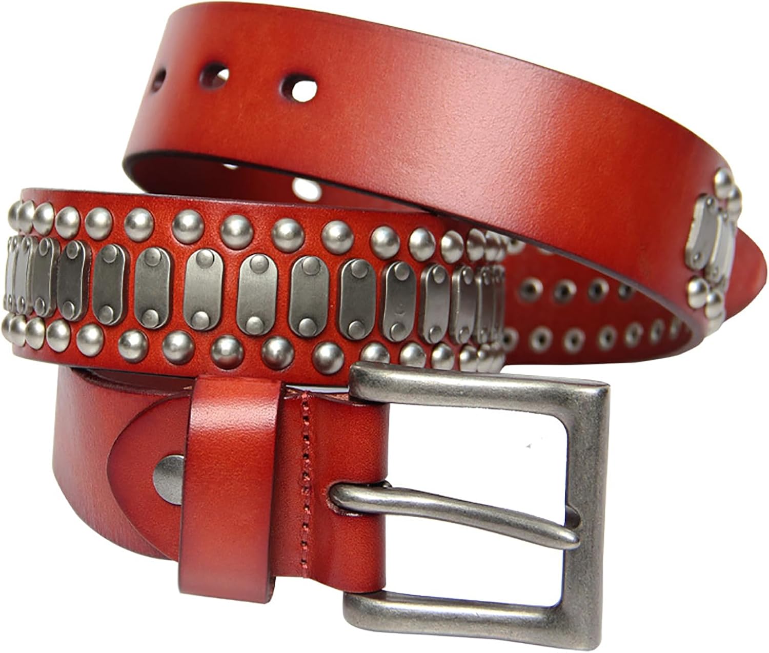 Genuine Leather Rivets Belts for Jeans Pants Dresses, Vintage Retro Circle Rivets Belt with Buckle for Women Men