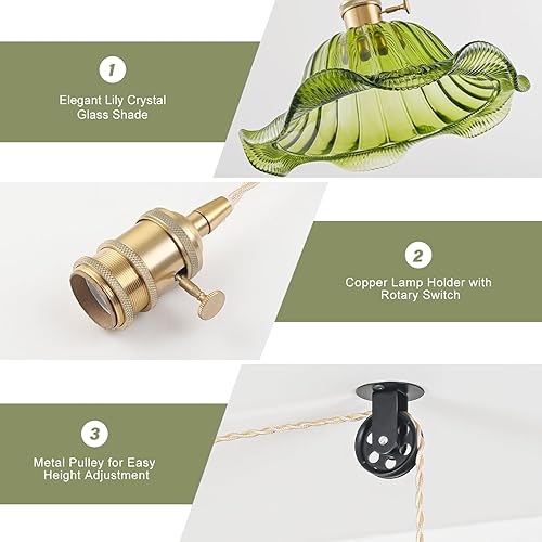 Miniatura 4 de Lámpara colgante vintage enchufable, polea ajustable con pantalla de vidrio de lirio verde, luces colgantes de latón con cable enchufable, lámpara