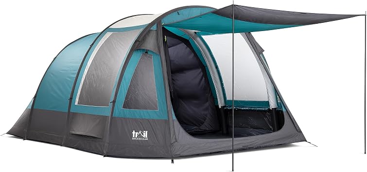 Trail Gidleigh Inflatable 5 Man Air Tent with Living Area, Family Camping Tunnel Tent, 5000mm Waterproof, Dark Zone Bedroom, Safety Purge Pump and Bag L465cm x W320cm x H200cm