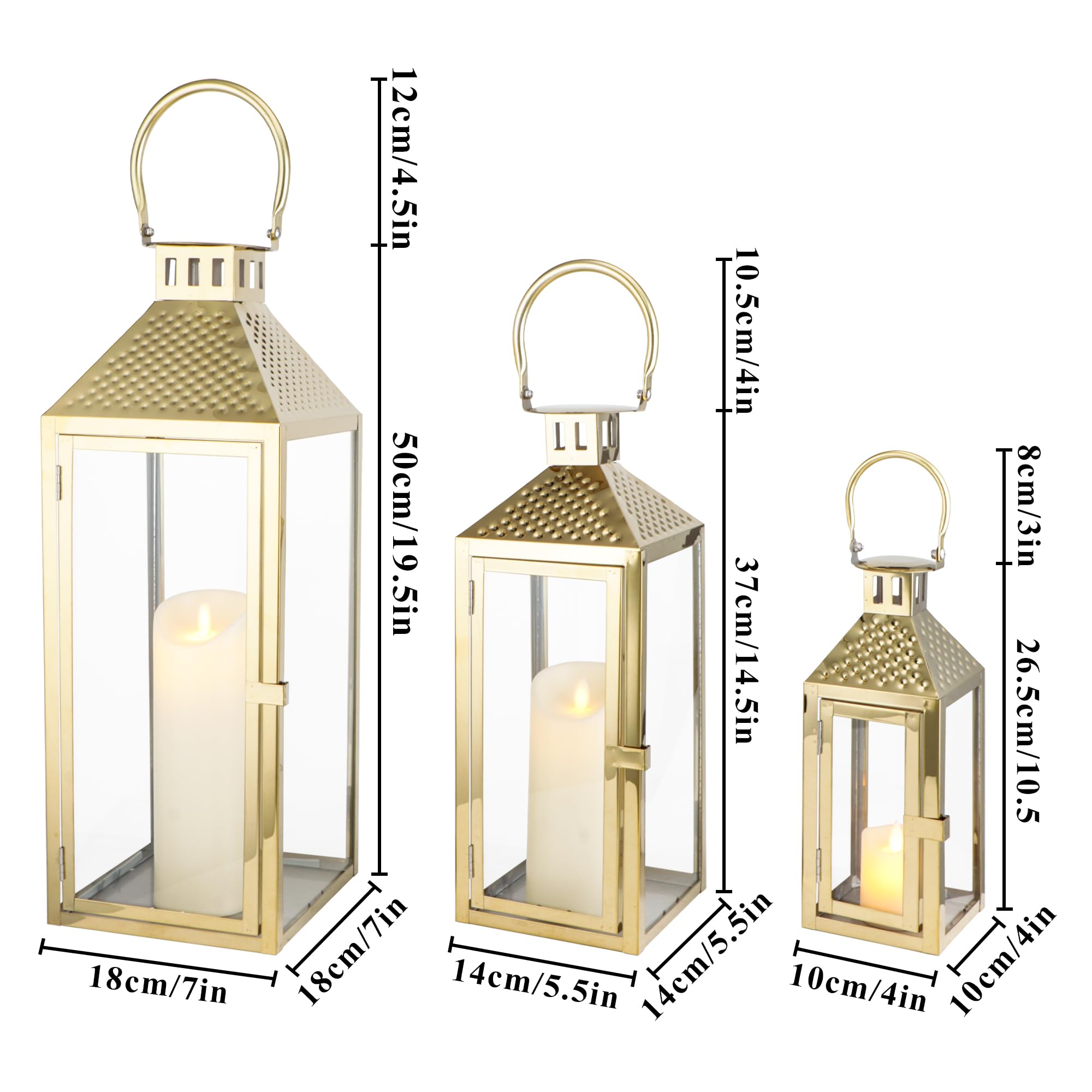 TRIROCKS Lot élégant de lanternes dorées en acier inoxydable - 3 tailles (51,5 cm, 35 cm, 28 cm) - Lanternes avec verre trempé pour décoration intérieure et extérieure - Idéal pour les fêtes