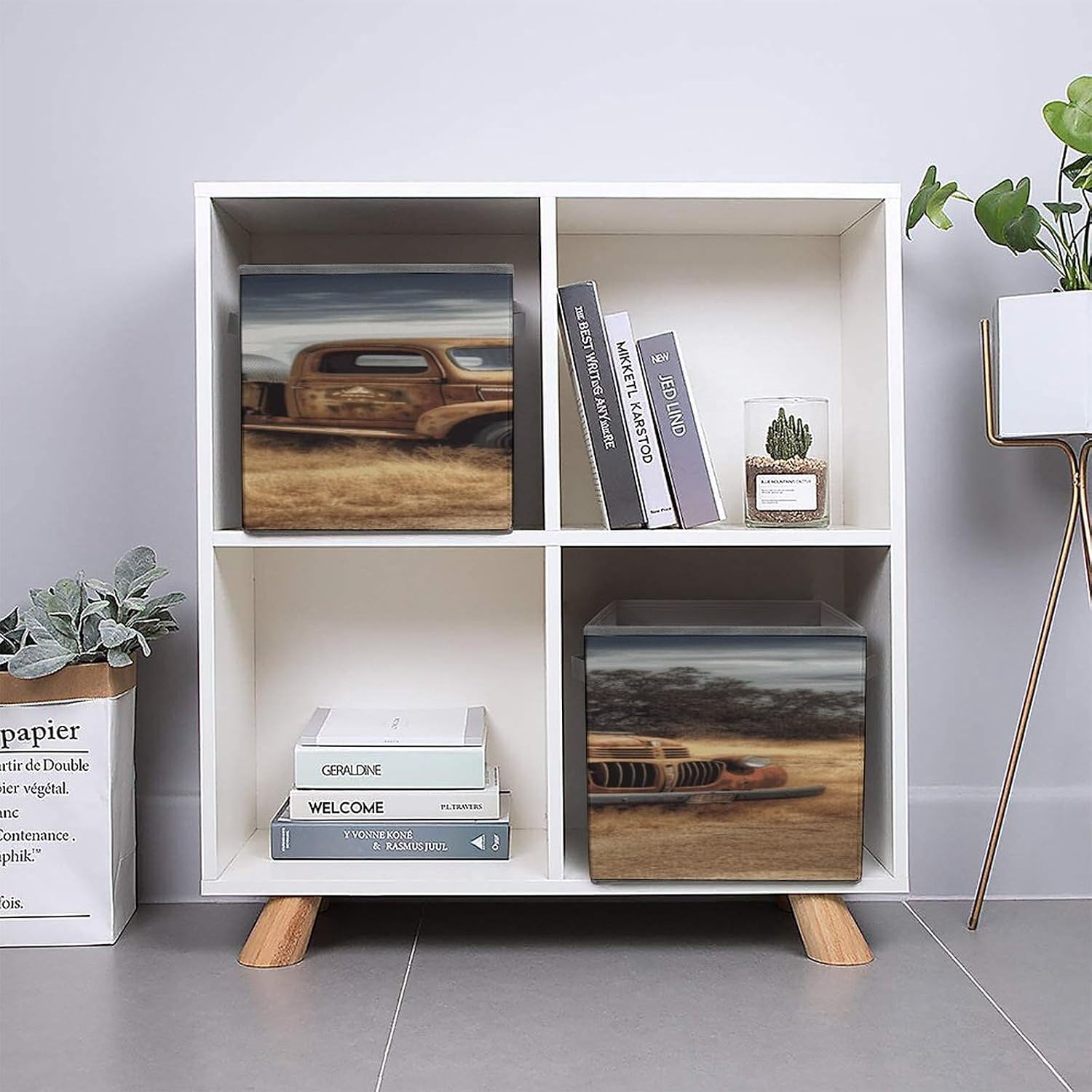 Old Truck Car Fabric Bins Storage Basket Square Baskets | Storage Bin with Double Handles,Cube Collapsible Organizers for Organization,Closet,Shelves,Offices