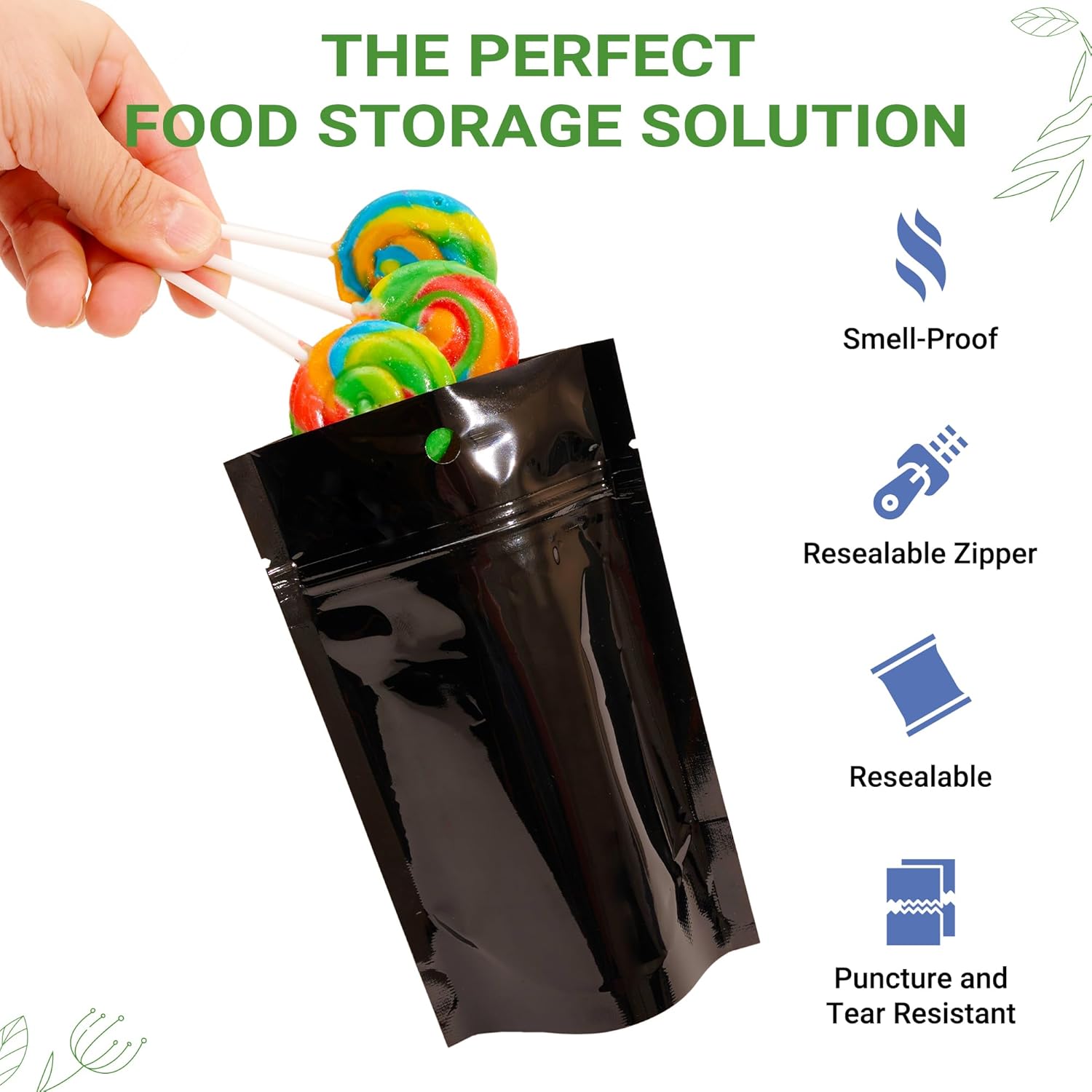 100 Pack 6" × 9.5" Glossy Black 4 Mil Resealable Stand Up Pouch Bags Mylar Food Packaging with Tear Notches