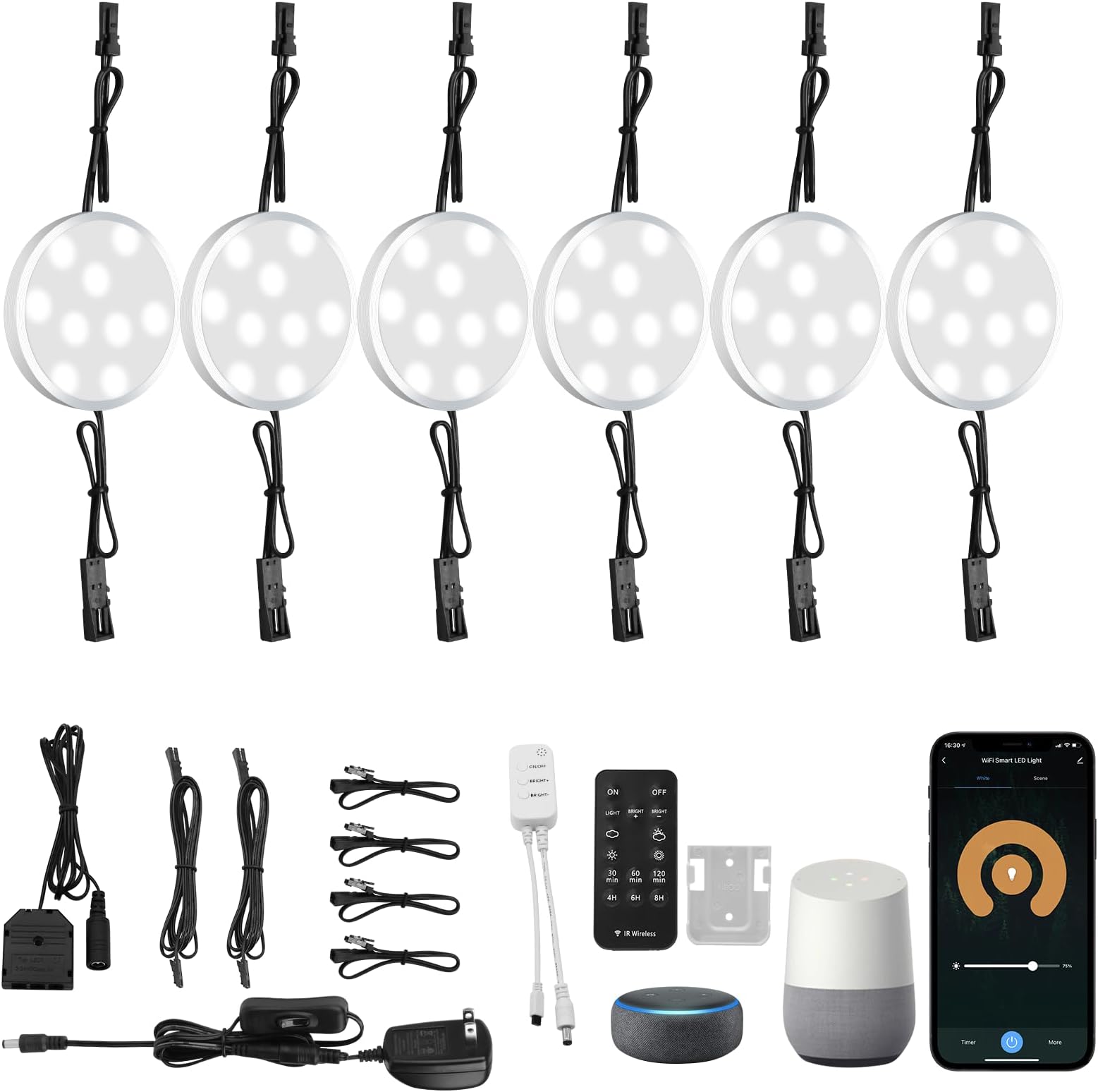 6 Pack Linkable LED Puck Lights,Smart Under Cabinet Lights Plug in,Dimmable LED Cabinet Lights with Alexa Remote APP Control for Counter Kitchen Lighting Fixtures (5000K,Daylight White)
