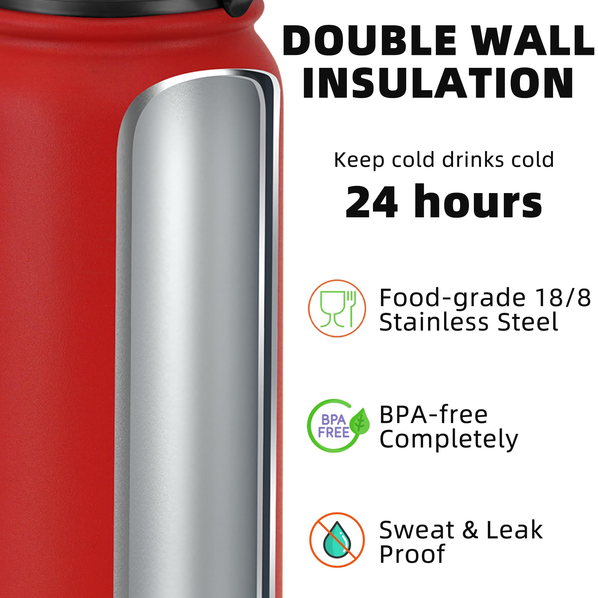 Fanhaw 1 L Insulated Stainless Steel Water Bottle with 1 Lid (Chug Lid) - for Kids Women, Men, Red, 946 ml - Image 3