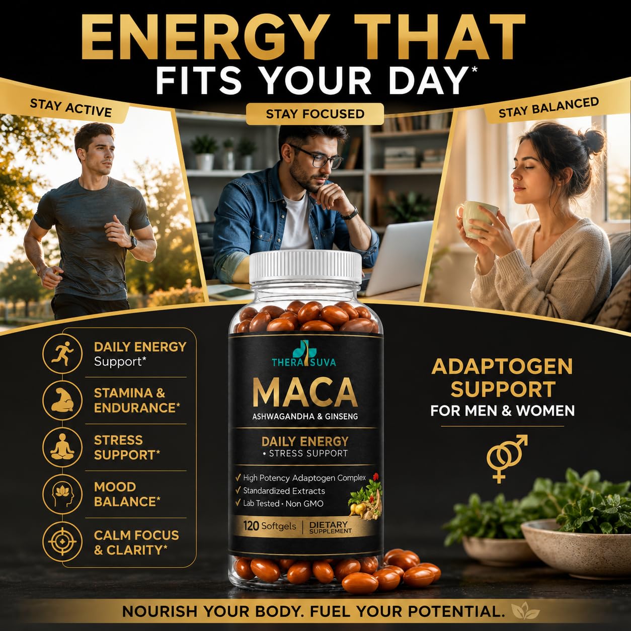 3 in 1 Ashwagandha + Maca Root + Panax Ginseng Supplement, 120 Count — Amazon image 6