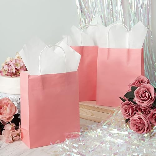 Miniatura 2 de Sparkle and Bash Paquete de 25 bolsas de regalo rosas con asas, papel kraft de tamaño mediano de 8 x 4 x 10 pulgadas, regalo de fiesta para bodas,