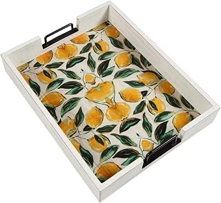 Fun Express 10" x 15" x 2 1/2" Lemon & Leaves Wood Serving Tray with Handles