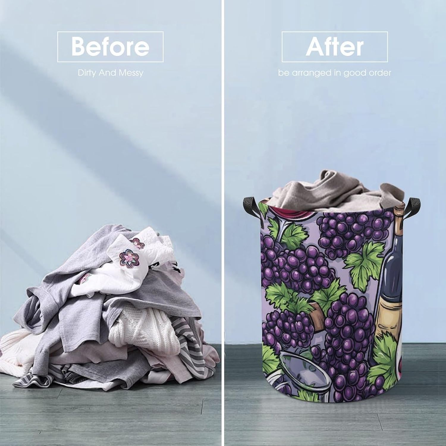 Wine Glasses Grape Bottles Laundry Hamper Basket for Home Bathroom | clothes storage,handle,large capacity,oxford