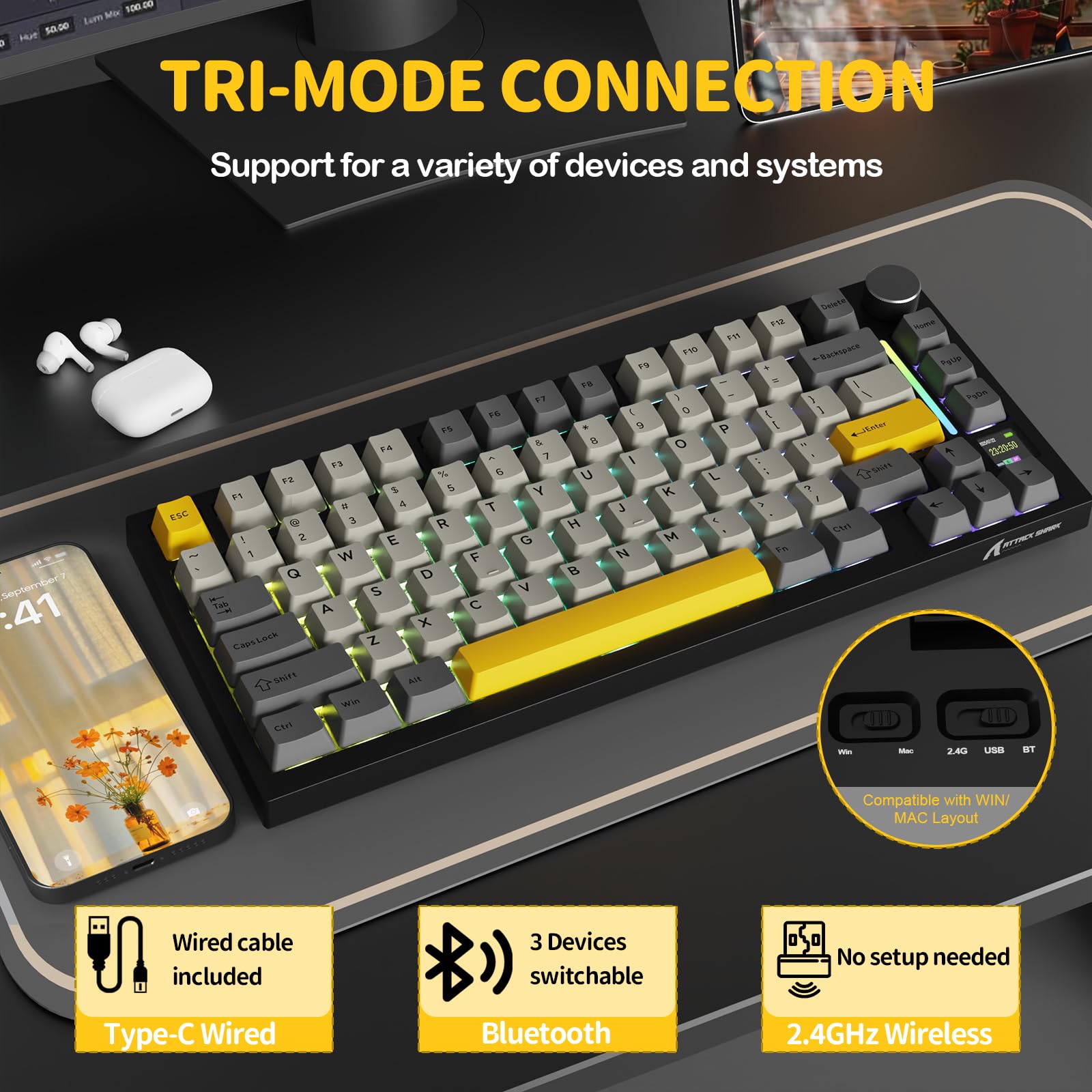 YINDIAO ATTACK SHARK X820 Ultra Gasket Mechanical Keyboard with TFT Screen & Knob, 75% ANSI Layout, 2.4Ghz/BT/Wired, 5 Sound Absorbing Foams, Hot-Swap Linear Switch, for PC,MAC (Black, Gift Switch)