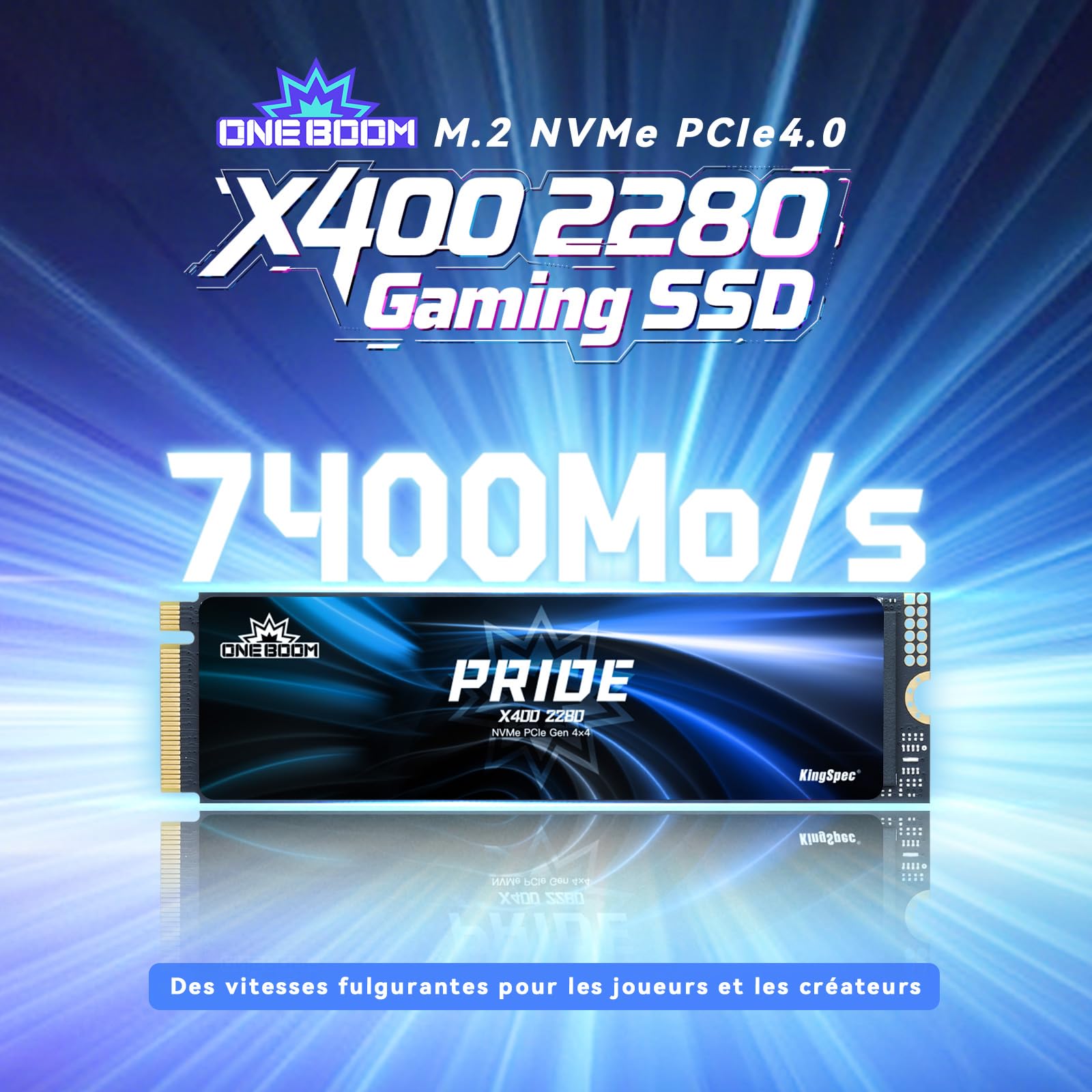 KingSpec ONEBOOM X400 SSD Interne 1To M.2 NVMe 2280 PCIe Gen4 - Mémoire 3D TLC NAND pour Gaming, Vitesse de Lecture jusqu'à 7400 Mo/s - Compatible PS5/PC/Ordinateur Portable
