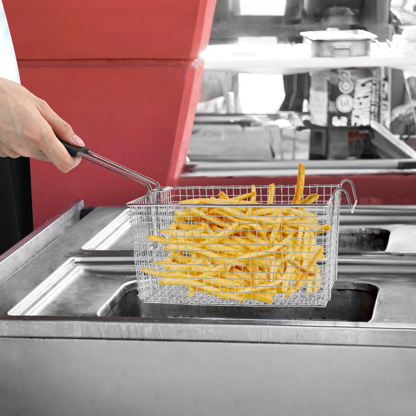 Cesta de freidora eléctrica para freír alimentos, con mango de goma, 7.2 x 8.3 x 4.3 pulgadas, construcción resistente, adecuada para freír pollo, pescado, papas fritas, (2 piezas)