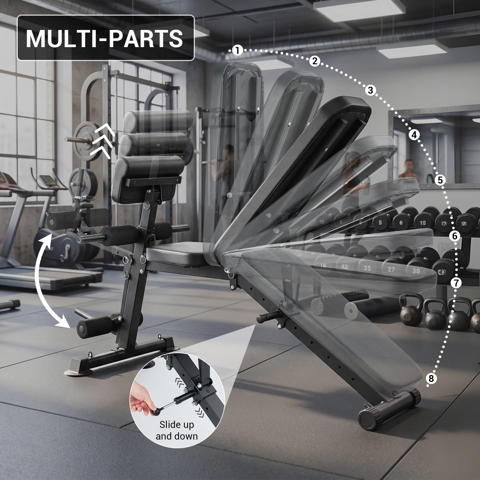 Banco de musculación ajustable, banco de fitness plegable con soporte para piernas para entrenamiento completo en el hogar, multifunción entrenamiento completo del cuerpo con cuerda de tracción