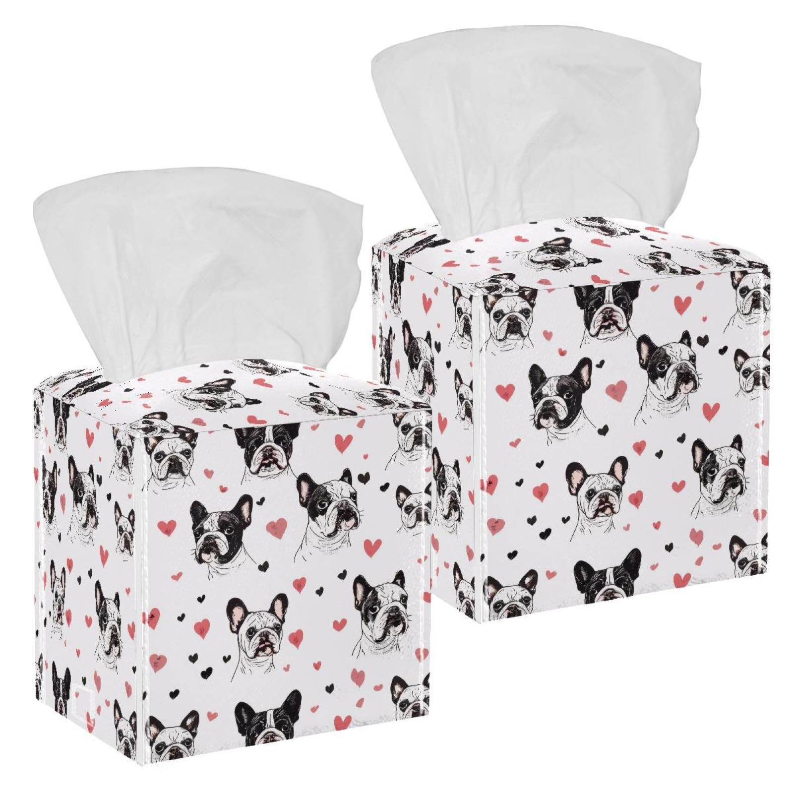 Bulldogs Heart Tissue Box Cover, 2 Pack PU Leather Square Facial Tissue Dispenser Box holder for Home Office Car
