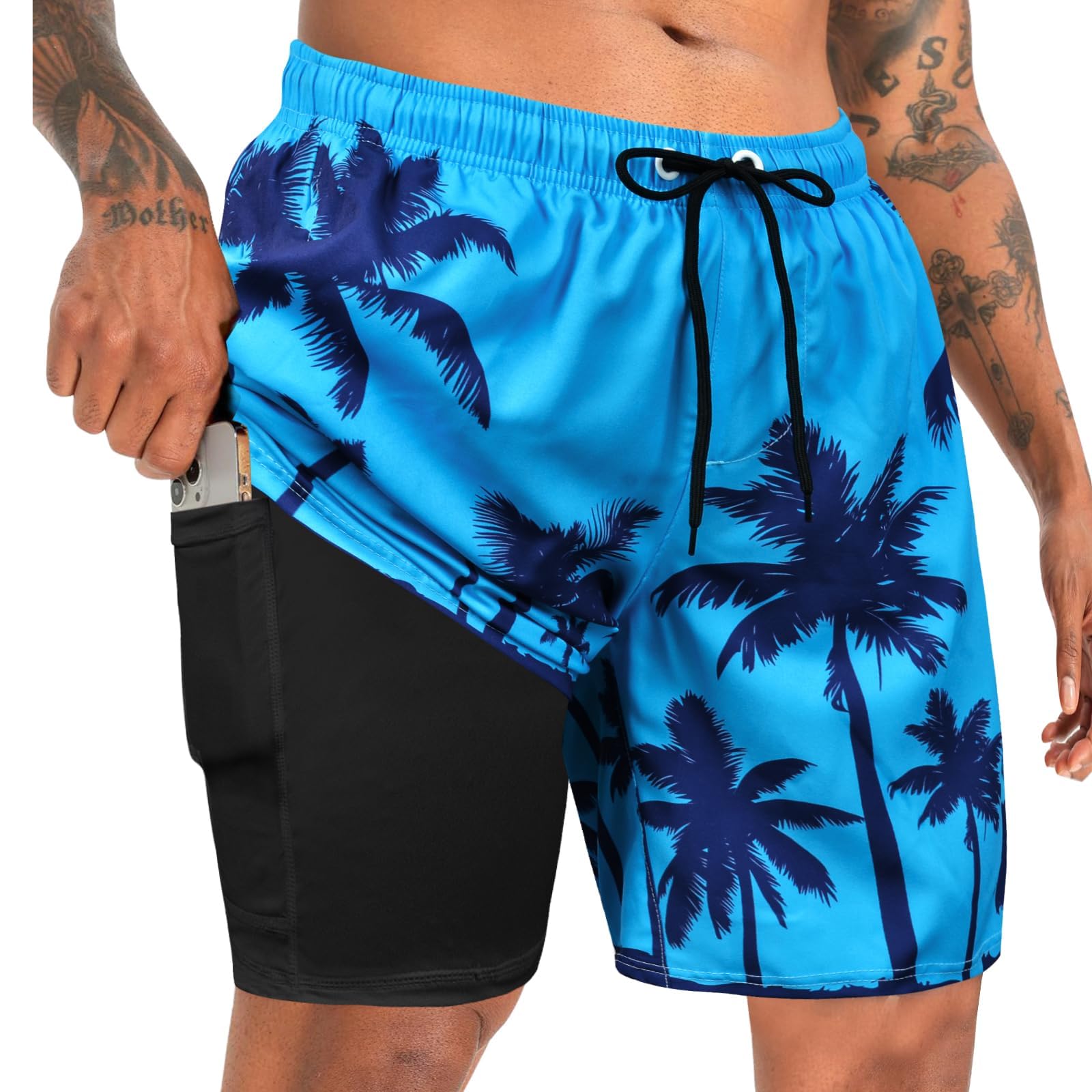 MaciRept Men's Swim Trunks with Compression Liner Bathing Suits Swimwear Swimming Board Beach Shorts 7“ Quick Dry Swimsuit