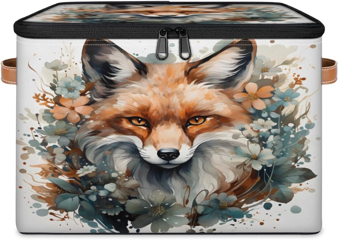 Storage Bin Set of 2 Retro Fox Storage Basket with Zipper Lid & Handle Foldable Closet Shelf 2 Pack Cloth Organizer Basket Cube Bins Clothes Organizer for Bedroom, Nursery