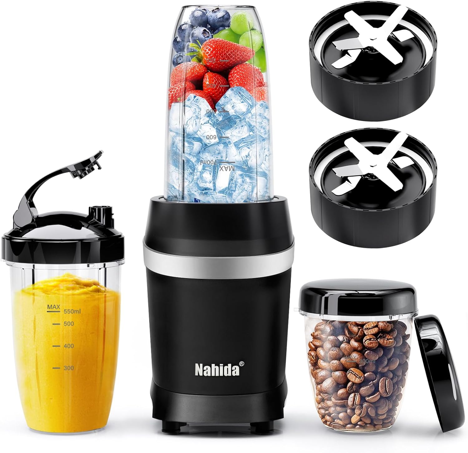 Licuadora Nahida para batidos, licuadora de 1200 W para trituración de hielo, licuadoras con (2) cuchillas de 6 aletas, licuadoras personales para cocina con 23 oz, 32 oz, tazas fáciles de 37 oz para jugos, negro