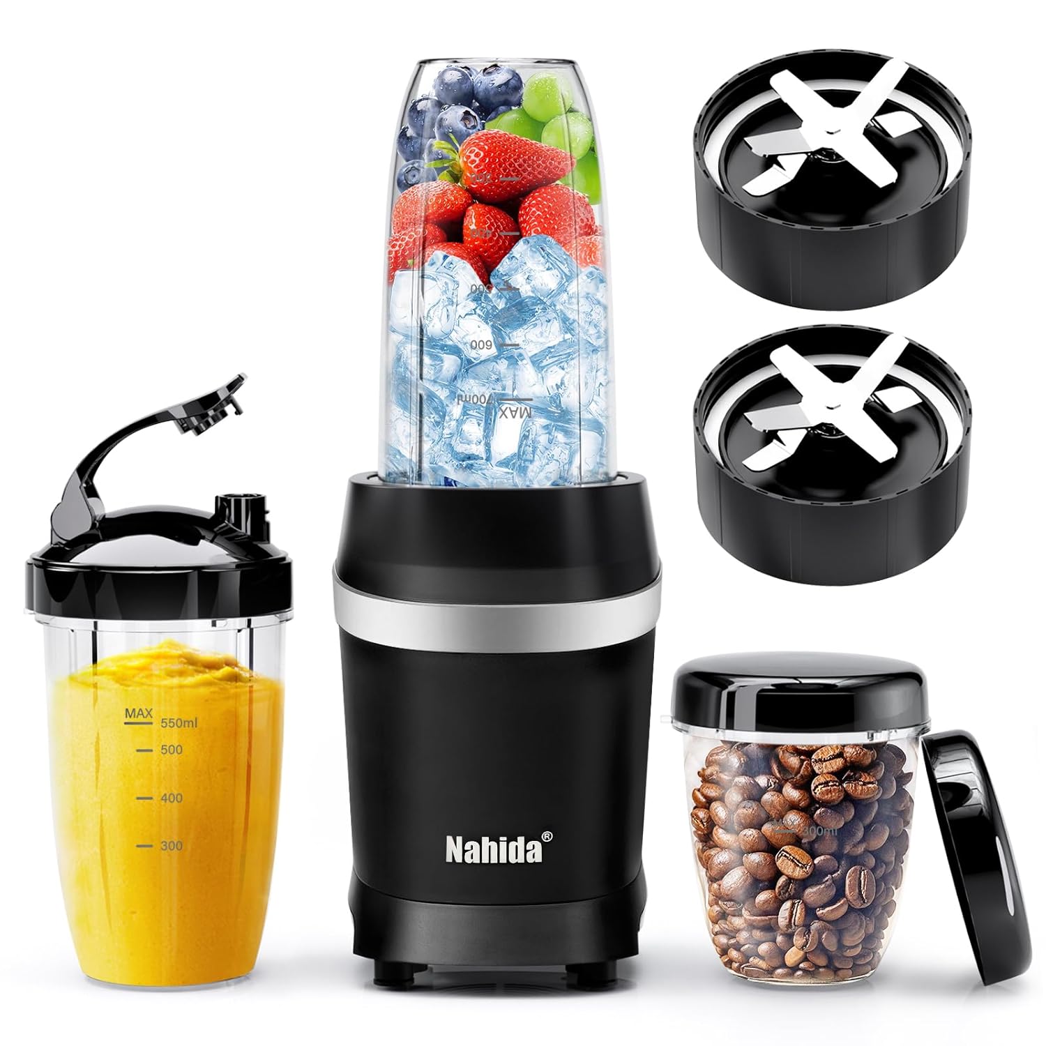 Nahida Blender for Smoothies, 1200W Smoothie Blender for Ices Crushing, Blenders with (2) 6-Fin Blades, Personal Blenders for Kitchen with 23oz, 32oz, 37oz Easy Go Cups for Juices, Black image 1