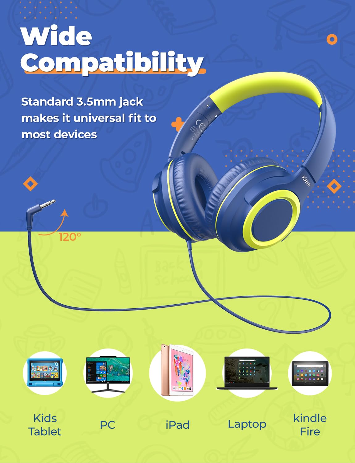 iClever HS22 - Cuffie per bambini con volume limitato di 94 dB, suono stereo, archetto regolabile, pieghevoli, cuffie per bambini per iPad e tablet Shool, da viaggio