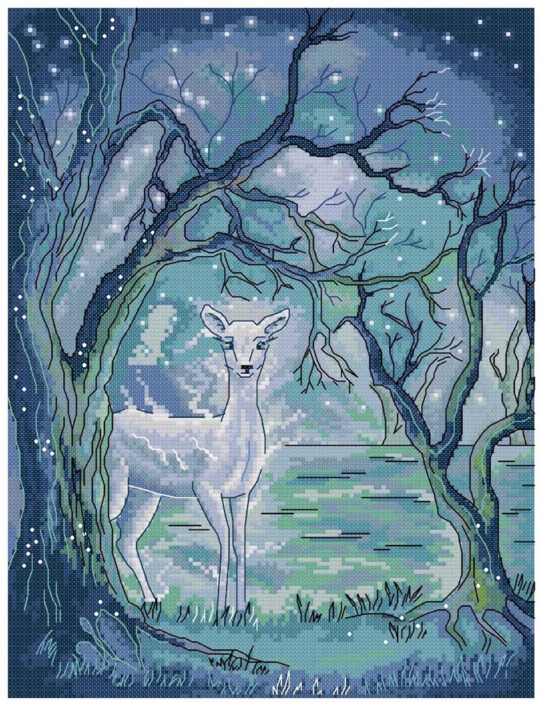 Joy SundayCross Stitch Kit 14CT Stamped Embroidery Kits Precise Printed Needlework - Silver Deer in Aurora 32×40CM
