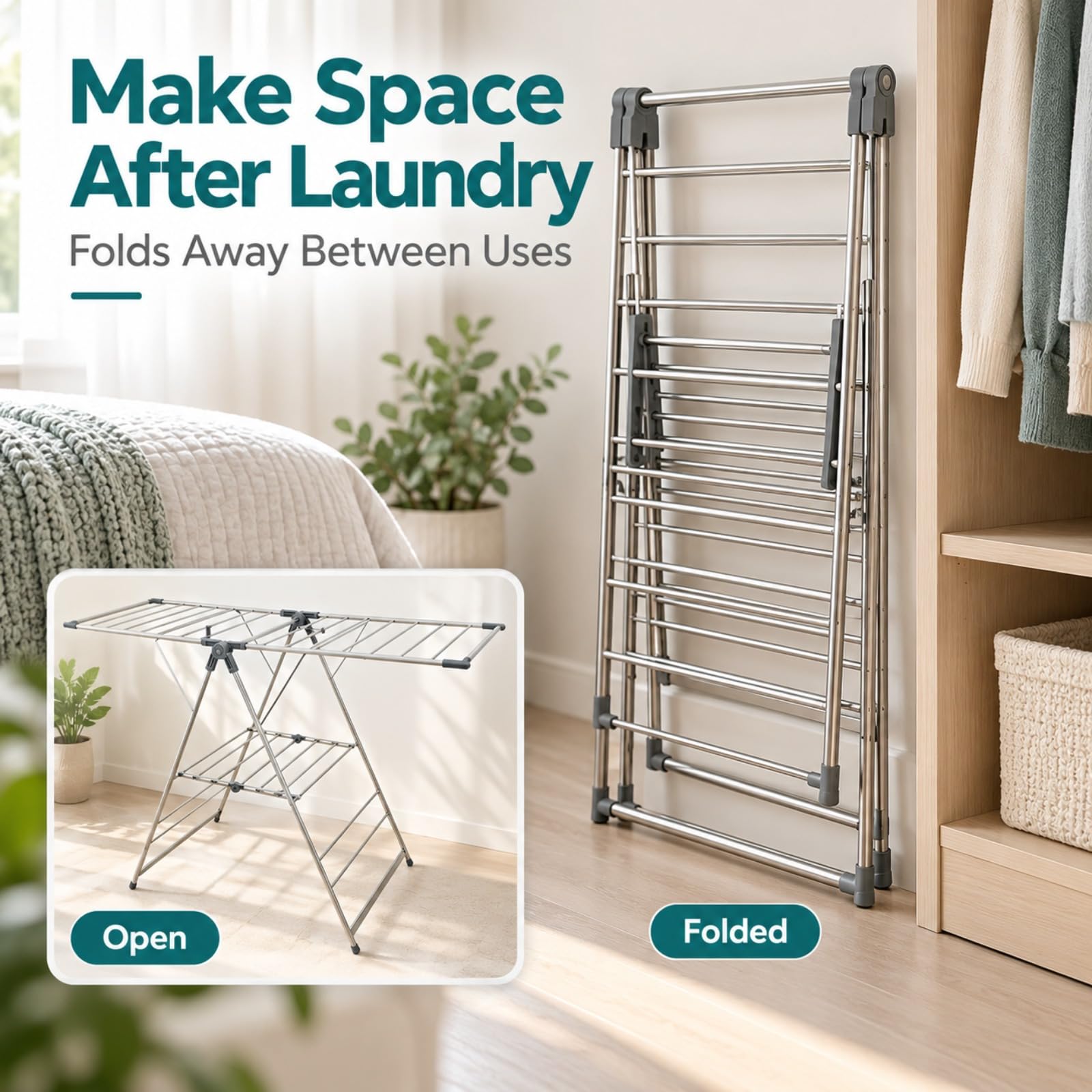 Étendoir À Linge Pliable en INOX avec Ailes Et Tablette, 160 Cm, Gris