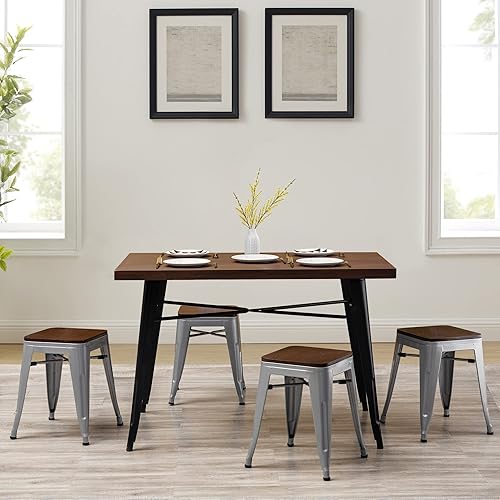 Miniatura 58 de [Juego de 4] Taburete metálico apilable industrial moderno para interior/exterior 17 pulgadas, Metal Plata sin espalda con madera,Sin espalda negro