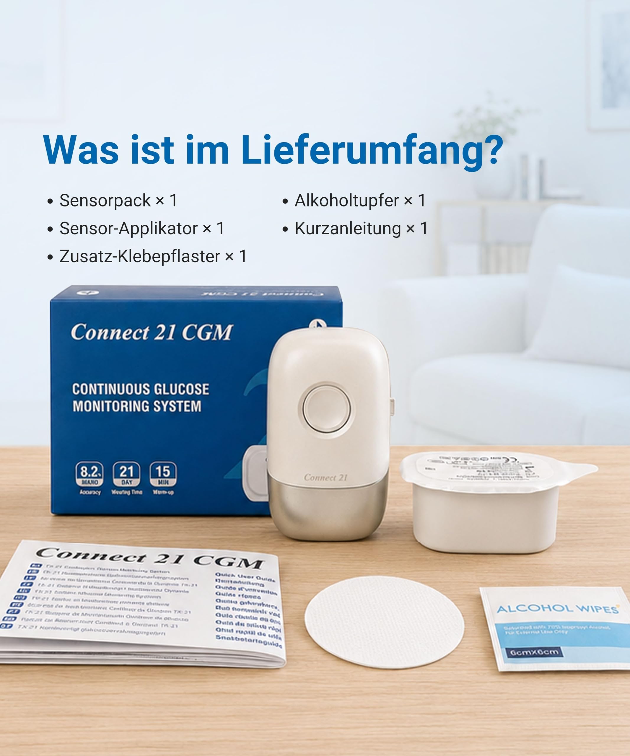 Sensore CGM Connect 21 – Misuratore di glicemia senza punture | 21 Giorni | 8,2% MARD | Impermeabile IP58 | App Bluetooth | CE 2797 | 1 Sensore con applicatore