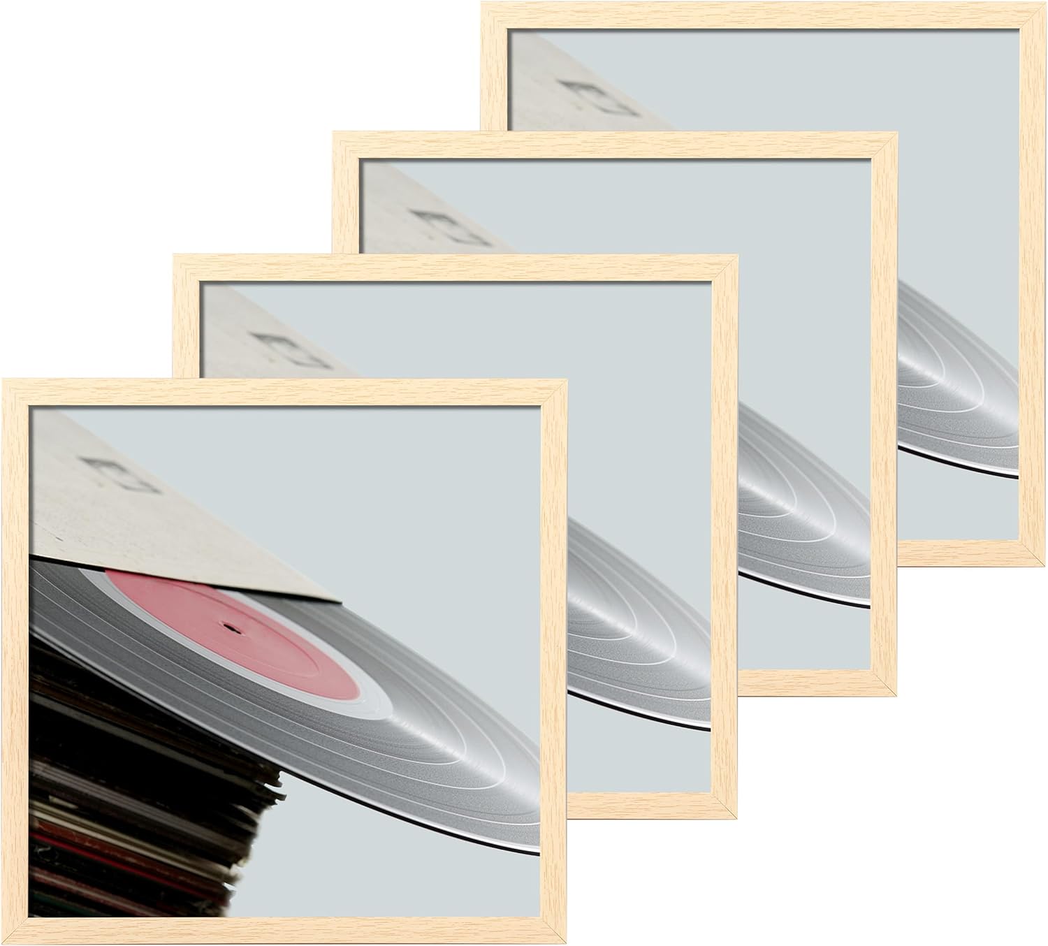 eletecpro 12.5x12.5 Record Frames in Wood Beige Made of PVC with Acrylic Set of 4, Sleek Album Frames Displays 12 Inch Vinyl Record by Hanging, Easy to Use, Lightweight and Sturdy Home Decor For Wall Wood Beige 4