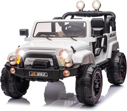 JOYLDIAS 2-Seater Ride On Truck and Car Cover, 12V7AH Battery Powered Toys Car for 2 Kids with Remote Control, Music, MP3, Bluetooth, LED Lights, 3 Speeds, Spring Suspension for Boys and Girls, White