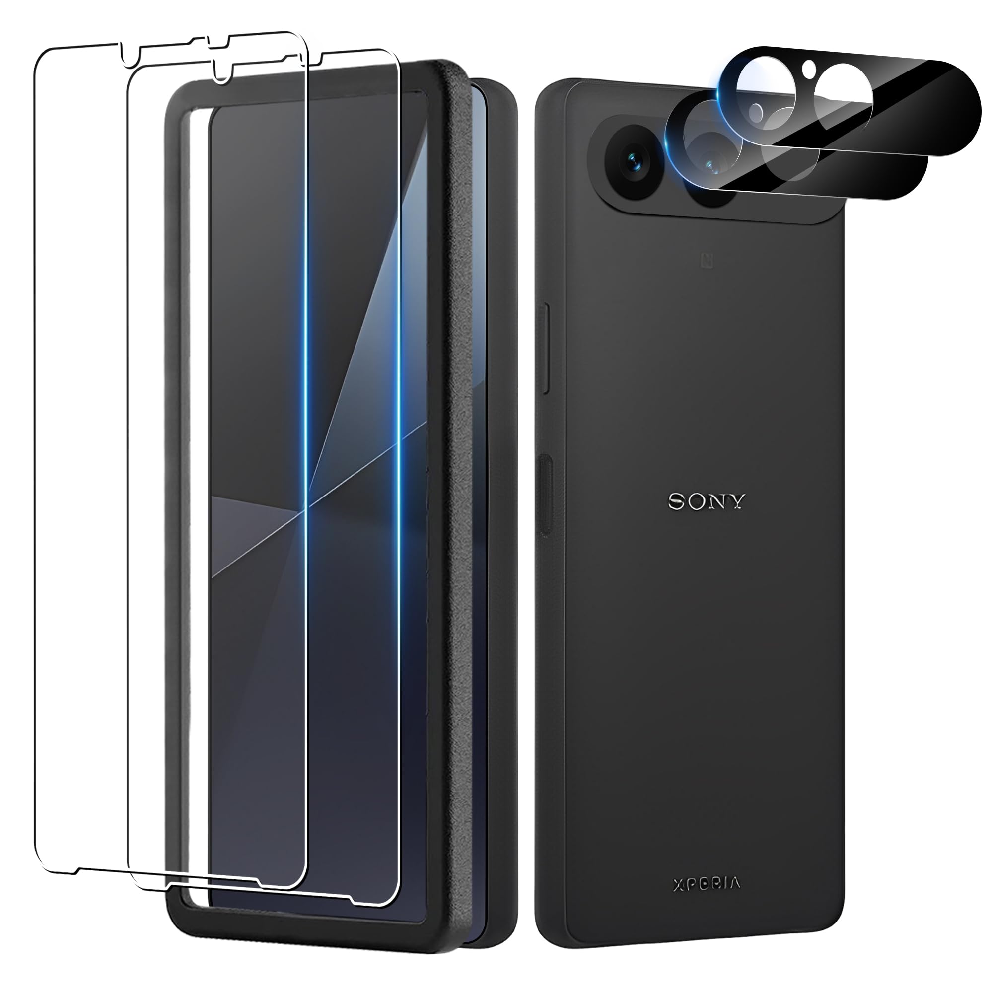 【2+2 枚セット】Kakuki for Xperia 10 VIII / 10 VII ガラスフィルム （２枚入り）＋カメラフィルム（2枚入り）【ガイド枠付き】エクスペリア10 VII レンズ保護フィルム 全面保護フィルム 硬度9H 高透過率 飛散防止 強化ガラス 耐衝撃 指紋防止 気泡ゼロ 自動吸着 貼り付け簡単（Xperia 10 VIII / 10 VII 対応）