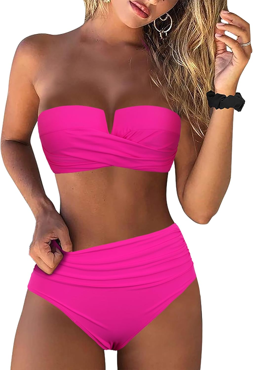 Hilor Bandeau Two Piece Bathing Suits for Women with Strap Retro High Waisted Swimsuits Sexy Push Up Bikini Swimwear