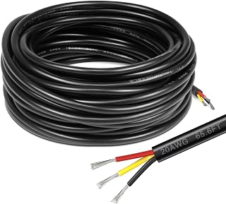 20 Gauge Electrical Wire 3 Conductor, 65.6ft Black PVC Case Stranded Low Voltage LED Cable, 20 AWG 3pin Tinned Copper Hookup Wire, Flexible Extension Power Cord for LED Lamp Lighting Strips Automotive