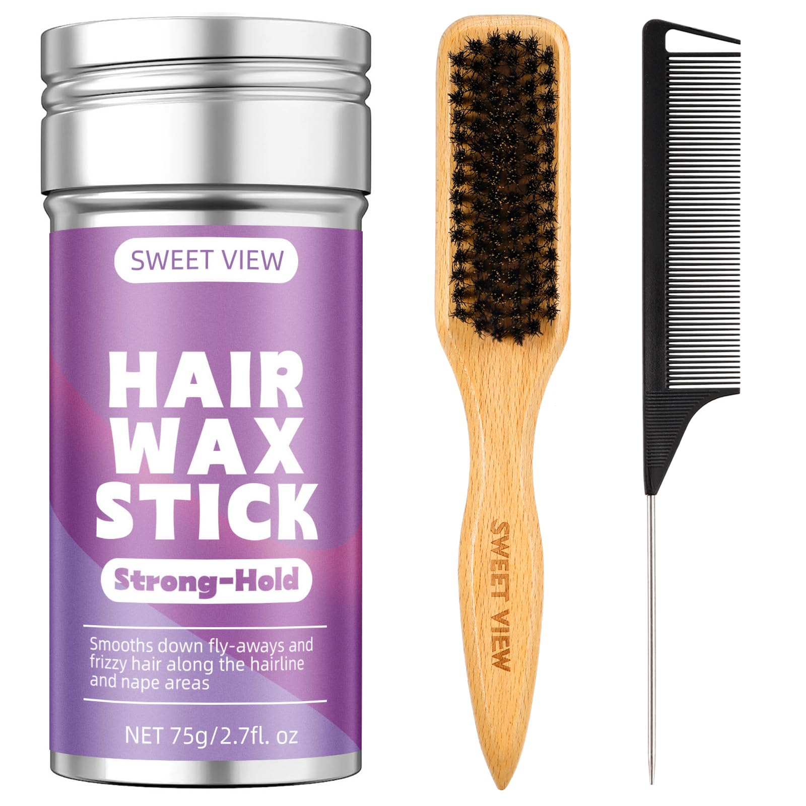 SWEET VIEW Boar Bristle Slick Back Hair Brush & Hair Wax Stick for Tame Flyaways, Frizz, Sleek Ponytail, Buns and Edge Baby Hair, Styling Accessories for Girls, Kids and Women