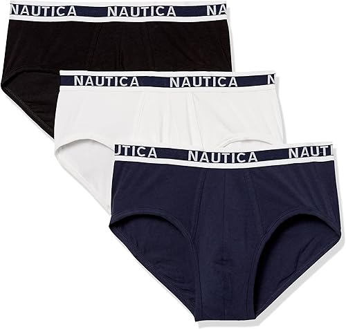 Nautica Classic Cotton Stretch 3-Pack Briefs Ropa Interior, Negro/Peacoat/Blanco