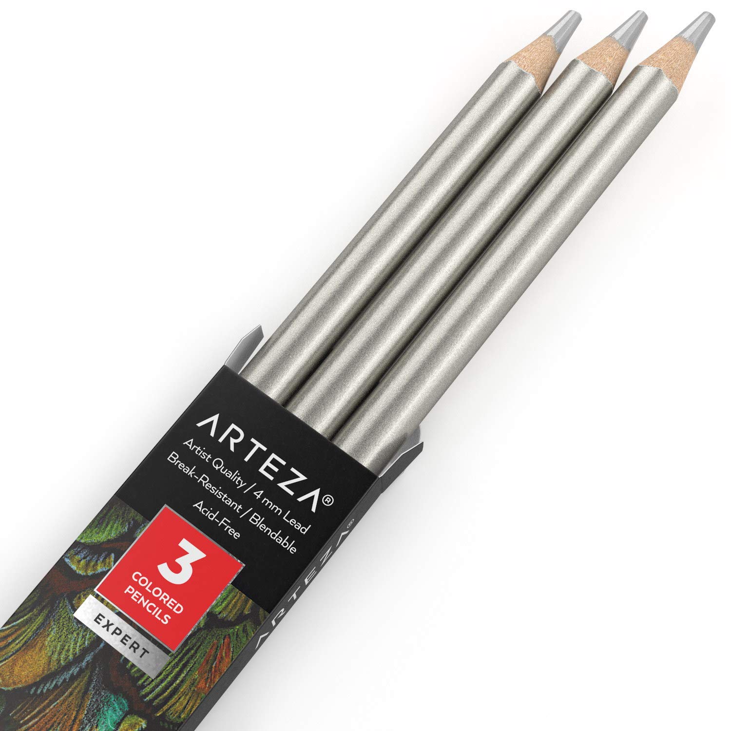 Arteza Colouring Pencils, Pack of 3, A127 Silver, Soft Wax-Based Cores, Ideal for Drawing, Sketching, Shading & Colouring