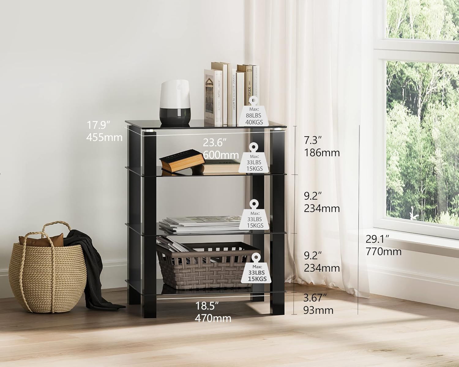 FITUEYES HiFi Rack AV półka 4-poziomowy szklany stojak na telewizor z półkami do przechowywania mediów ze szkła hartowanego, czarny