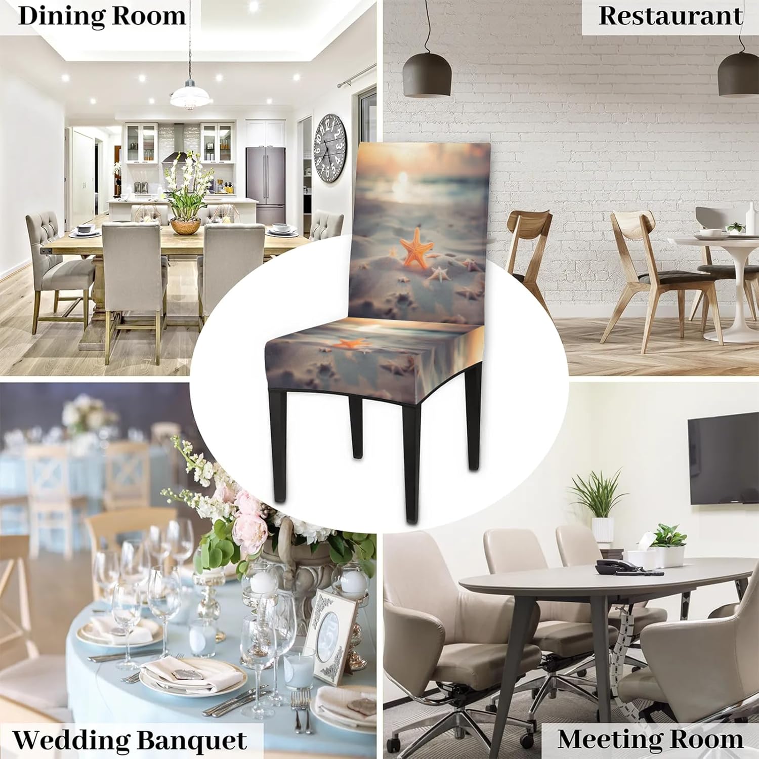 QsirBC Beach Beautiful Starfish Stretch Dining Room Chair Covers Set of 6 Chair Slipcovers Removable Washable Kitchen Seat Covers Chair Protectors for Hotel Party Wedding