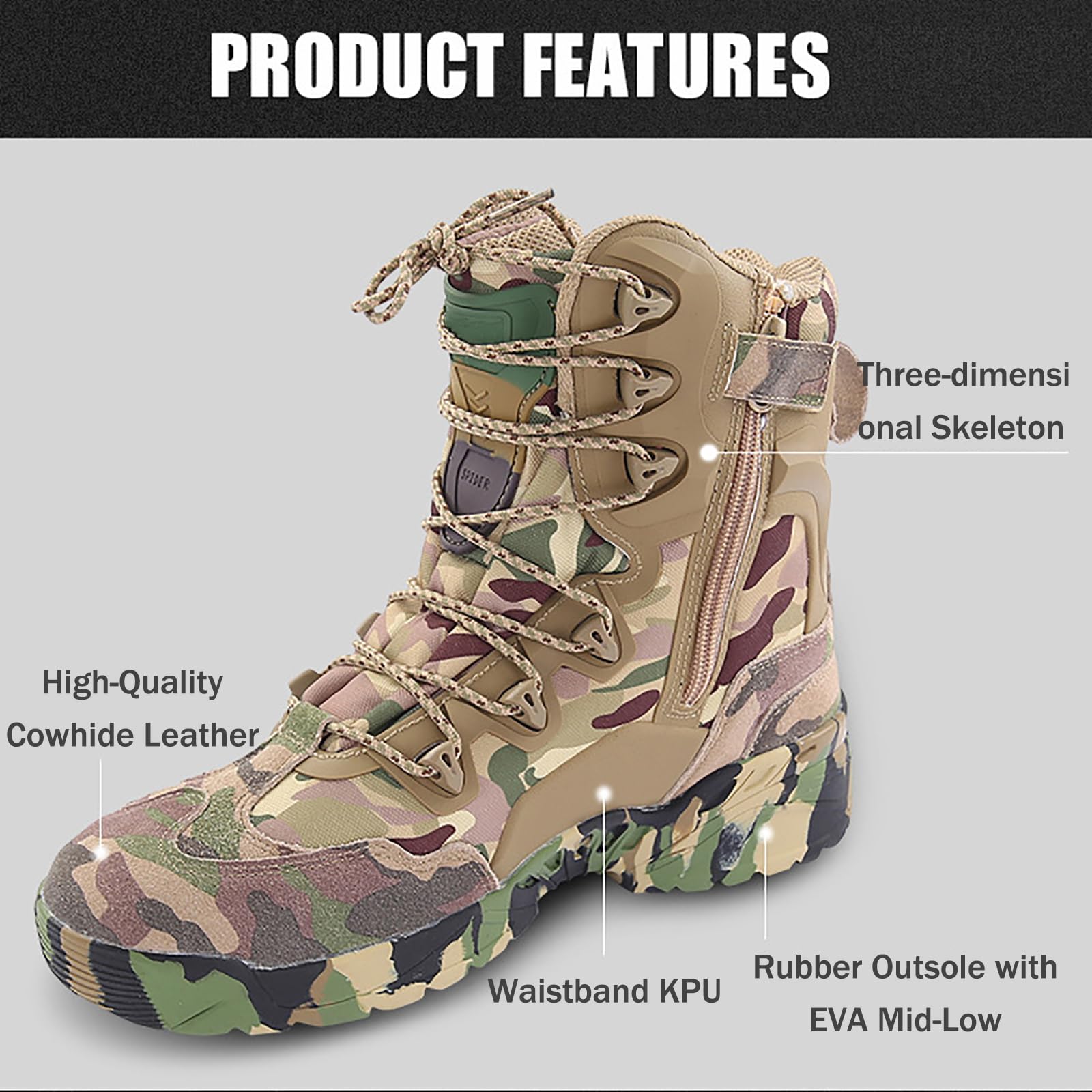 Taktyczne buty bojowe, Męskie taktyczne buty pustynne z bocznym zamkiem Cp Camo 39-45 EU(43 EU)