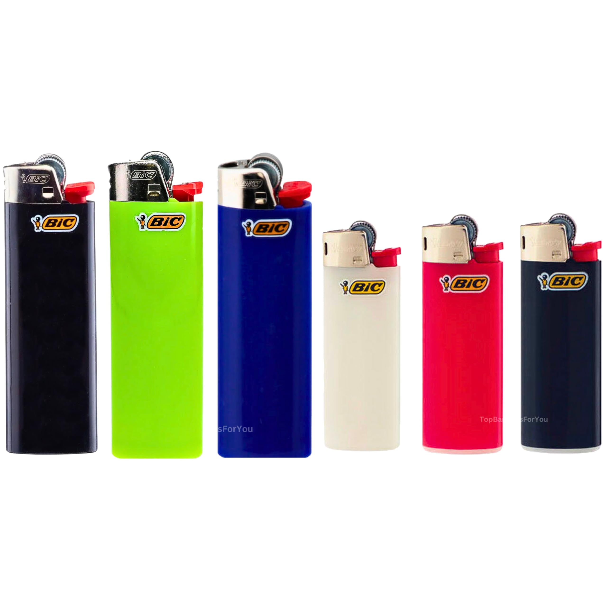 Zactly - 6 x BIC Lighter Set - 3 Maxi J6 + 3 Mini J5 BIC Gas Lighters, Design Size, Flint Wheel Long Lasting Pocket Candle BBQ Lighter (6 Maxi + Mini Assorted)