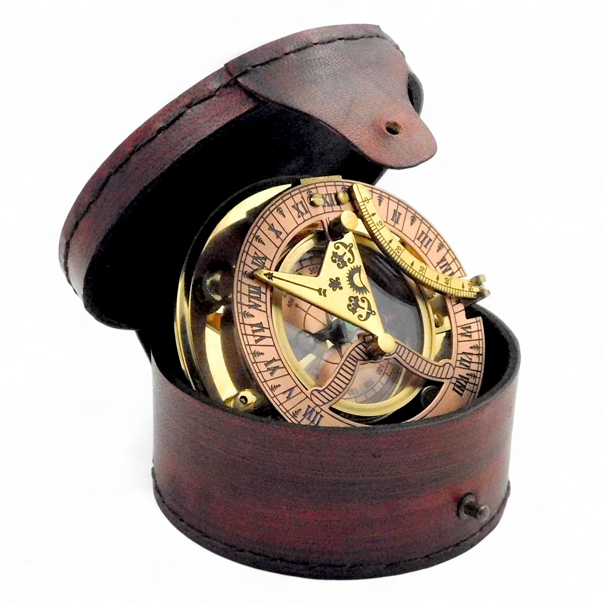 Boussole Sundial en laiton antique avec étui en cuir élégant