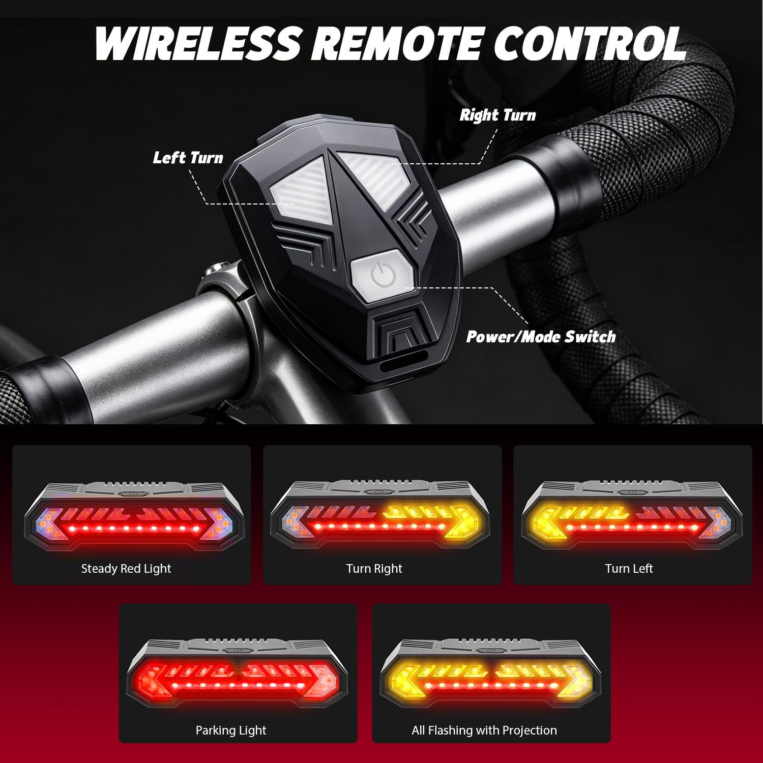 Feu Clignotant arrière pour vélo, feu arrière sans Fil Rechargeable par USB avec télécommande Alerte sonore et Projection virtuelle de la Voie 5 Modes étanche IP65 Signal de sécurité Anti-Collision