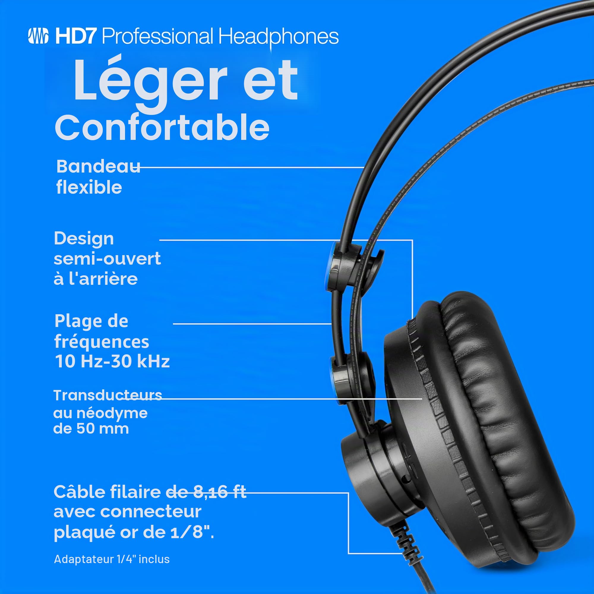 PreSonus HD7 Casque Studio Semi-Ouvert pour Enregistrement, Lecture et Surveillance, Diffusion et Podcasting