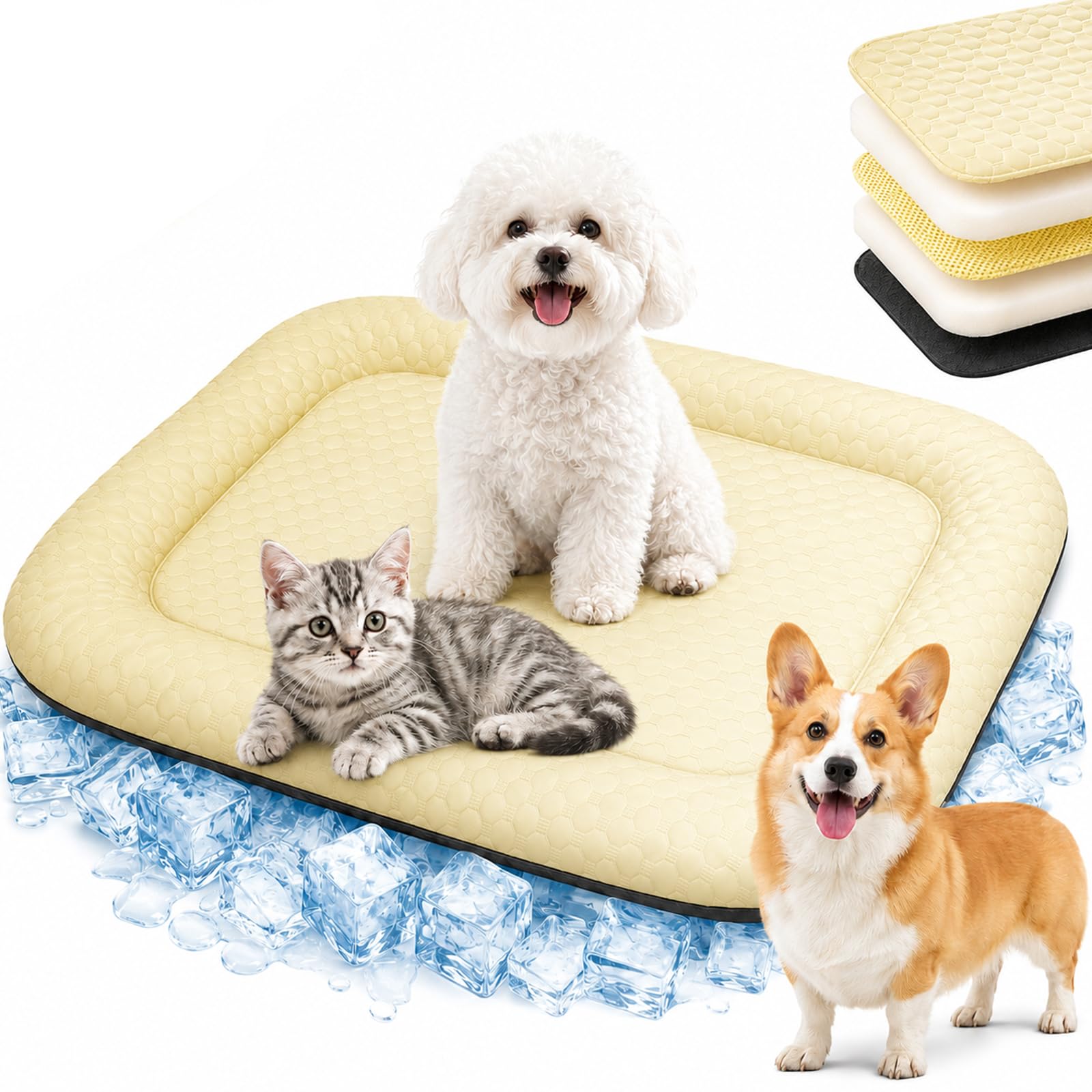 Cooling Mat for Dogs & Cats, Ice Silk Pet Cooling Bed ，yellow：XL