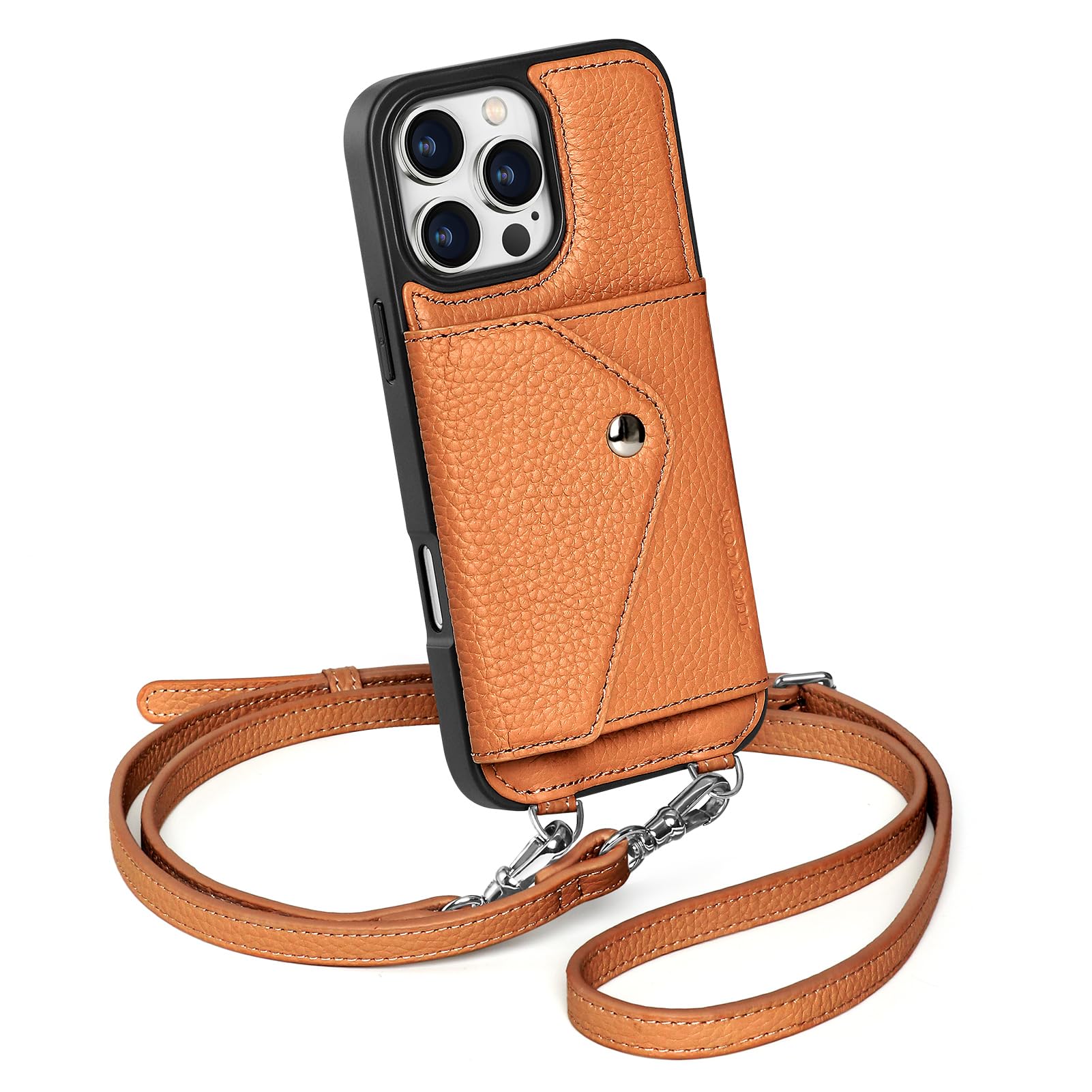LUCKYCOIN Crossbody Wallet Phone Case for iPhone 16 Pro Max,Genuine Leather Phone Case with Expandable Card Holder & Adjustable Removable Strap,Travel