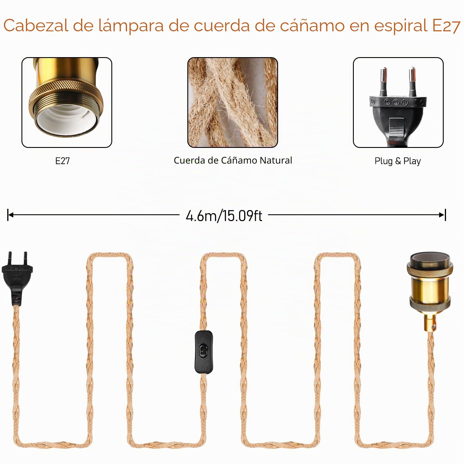 2 suspensiones vintage con enchufes, cables E27, cadenas de luces, cables con interruptor y enchufes en cuerda de cáñamo de 4,6 m, suspensiones de cable único para montar tú mismo