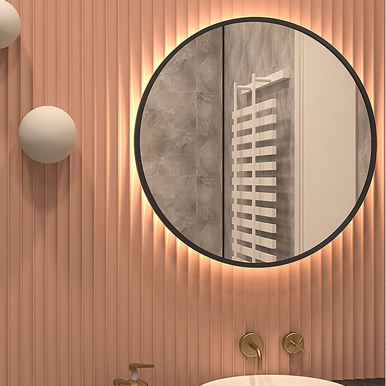 WUSHI Black Bathroom Round Mirrors Illuminated LED Backlit with Frame Circle Bathroom Mirror with Light, Makeup Mirror, Light Temperature from 3000K-6000K