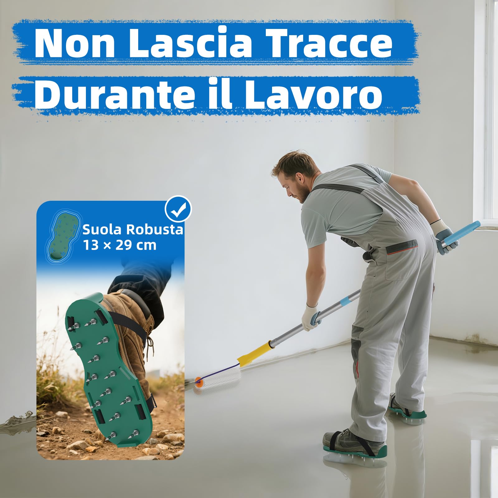 VKE Rullo Frangibolle per Autolivellante 23 cm - Lunghezza Chiodi 14 mm, Rullo di Sfiato, 2 Rullo Pittura 23 cm, Asta Telescopica 1,5 m, Scarpe Chiodate per Prato 30 mm,Autolivellante-Solo 1 Maniglia