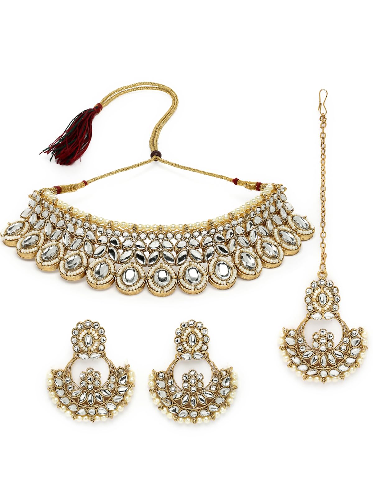 Sophisticated Bridal Looked Rani Pink Stone Studded Choker Necklace With Chandbali Earring Mangtikka Set For Women-image-26
